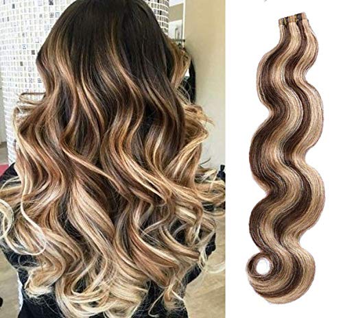 Curly Body Wave Tape in Hair Extensions Human Hair 427 Medium Brown with Strawberry Highlighted 60grams 20pcs Seamless Skin Weft Blonde Balayge Body Wave Tape Remy Hair Extensions