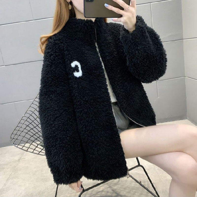 Womens Fashionable Coat Ins Winter fleece-lined Thickened Double-sided Fleece Vertical Collar Warm Sweater Womens Cardigan Zipper Fleece Black - Image 1
