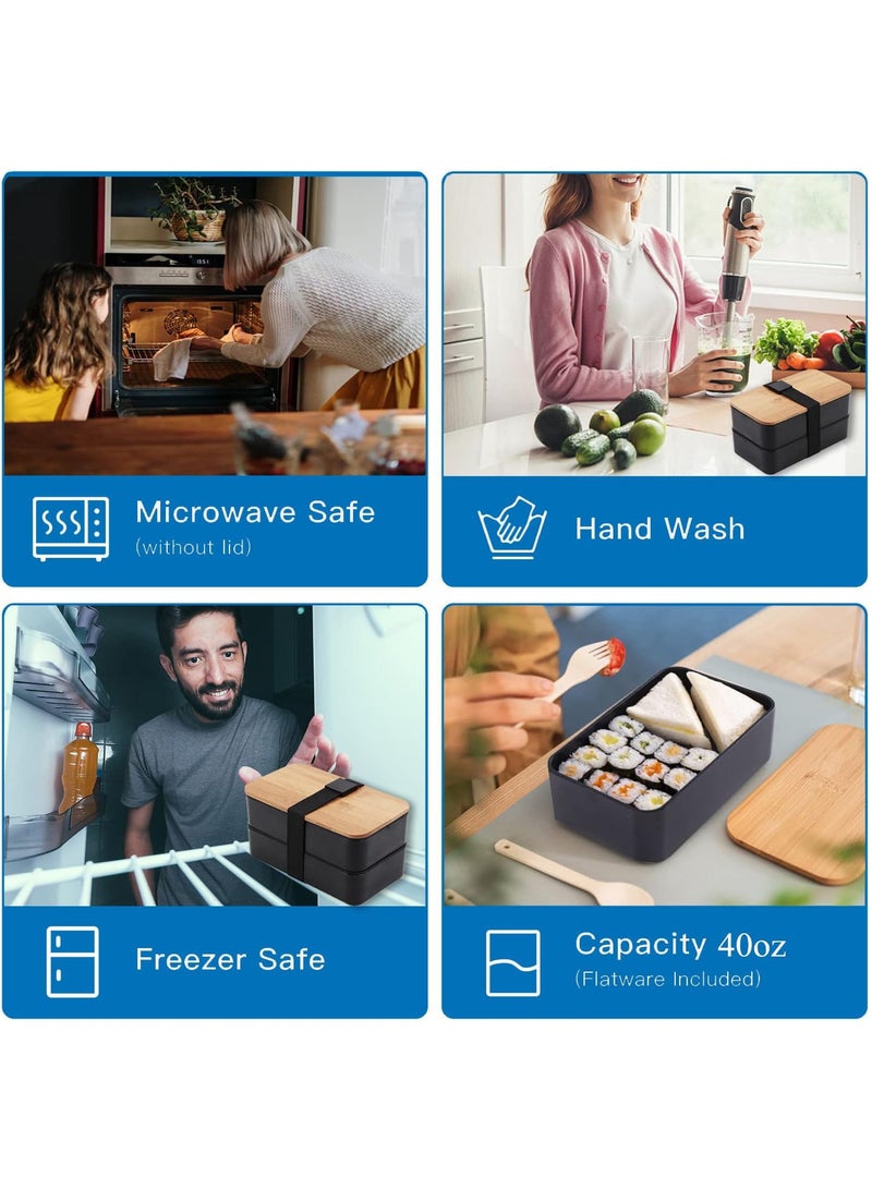 بريڤيلاس صندوق بينتو من الخيزران مع مقصورات وأواني صندوق الغداء القابل للتكديس يتضمن حقيبة غداء لإعداد الوجبات (أسود) - Image 4