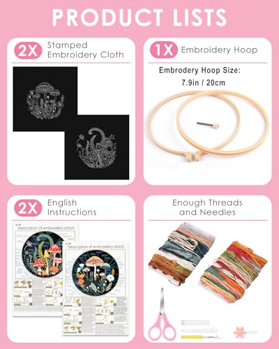 TINDTOP 2 Pack Embroidery Kit for Adult Beginners, Embroidery DIY Starter Kit, with Mushroom Stamped Patterns, Hoop, Tools, Colorful Threads with Needles, Instructions - Image 2
