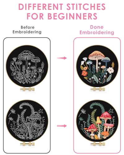 TINDTOP 2 Pack Embroidery Kit for Adult Beginners, Embroidery DIY Starter Kit, with Mushroom Stamped Patterns, Hoop, Tools, Colorful Threads with Needles, Instructions - Image 3