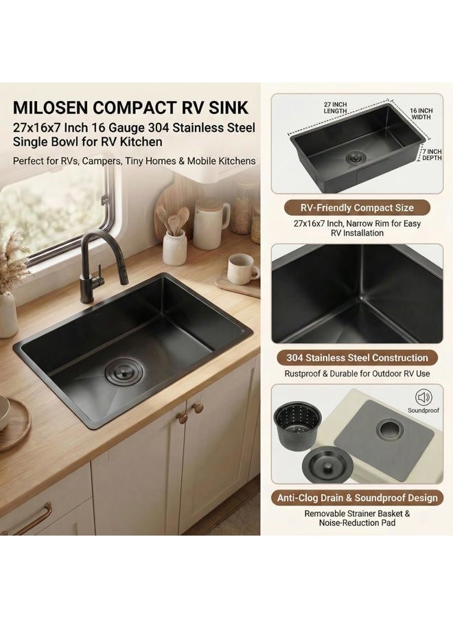 MILOSEN 27''×16''×7'' Stainless Steel RV Kitchen Sink, Black Undermount Kitchen Sinks, Single Bowl Camper Outdoor Kitchen Sink, 7 Inch Depth Deep Sink with Accessories - Image 5