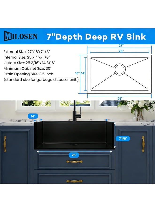 MILOSEN 27''×16''×7'' Stainless Steel RV Kitchen Sink, Black Undermount Kitchen Sinks, Single Bowl Camper Outdoor Kitchen Sink, 7 Inch Depth Deep Sink with Accessories - Image 4