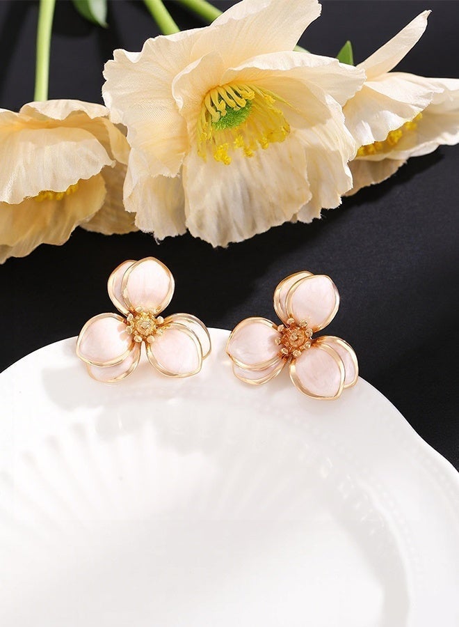 DAEVO Gold Plated Nude Enamel 3D Flower Stud Earrings for Women - Image 5
