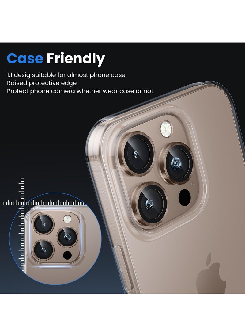 واقي عدسة الكاميرا لهاتف iPhone 16 Pro/iPhone 16 Pro Max، مقاوم للكسر، حلقة من سبائك الألومنيوم فائقة النحافة، غشاء واقي لعدسة الكاميرا، (تيتانيوم ذهبي)