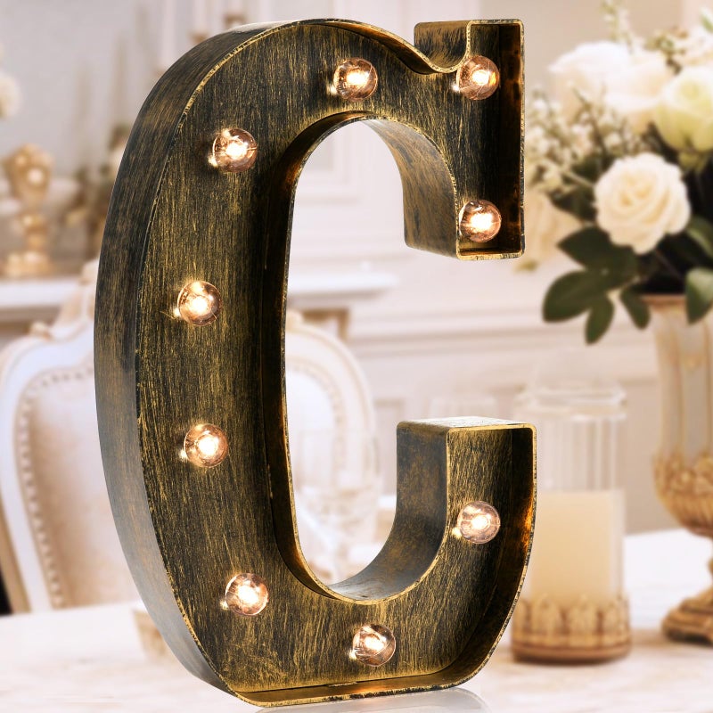 OYCBUZO Golden Black Led Marquee Letter Industrial Vintage Style Light Up Alphabet Letter Sign for Cafe Wedding Birthday Party Christmas Lamp Home Bar Initials Decor C