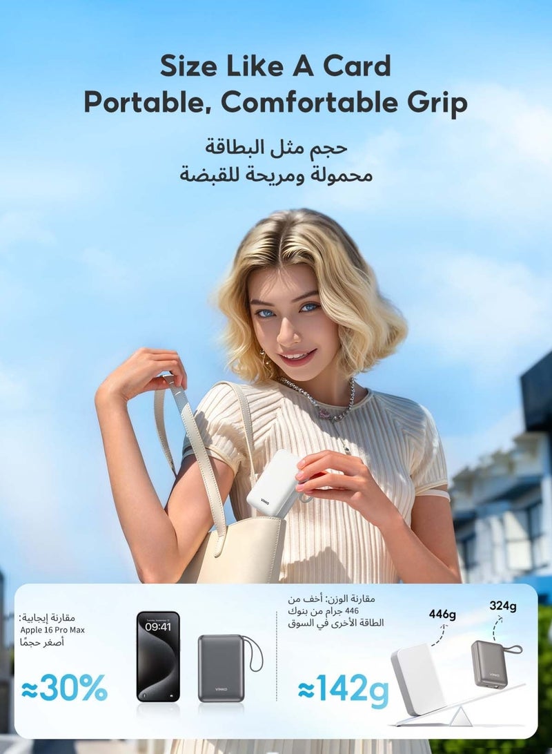 VINKO V10 20000mAh Mini Power Bank,22.5W Fast Charging,Pocket-size, Built-in Cable Lightning+Type-c,Two-Way Charging with Usb-C Integrated Cable, One Usb-C Port, Smart Digital Display,Mobile Power Suitable For iPhone17promax/16pro/16/15/14 series,SamsungGalaxyS24/S23Series,samsung,xiaomi,huawei,Android Tablets, Gaming Devices, Can Travel Anywhere by Plane-Grey - Image 2