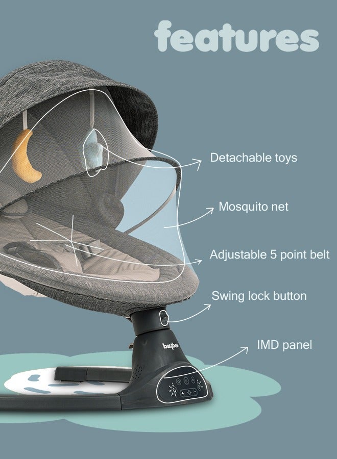 BAYBEE Premium Remote Automatic Electric Baby Swing Chair Cradle  With 5 Adjustable Swing Speed, Soothing Vibrations, Music, Mosquito Net, Safety Belt And Toys, Dark Grey  - Image 5