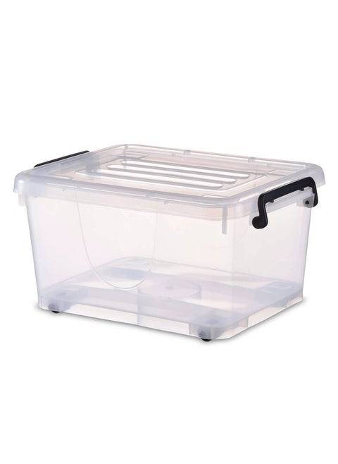Storage plastic box (42L) with lid and wheels, for moving, lockable container with handles, transparent durable organiser bin, stackable storage box, heavy duty container