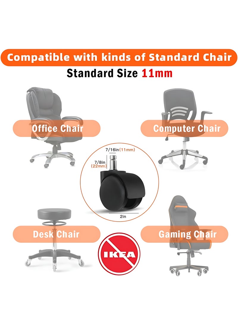 Set of 5 Office Chair Wheels – 2-Inch Heavy Duty Caster Wheels, Ultra Silent Chair Wheels for Gaming Chairs & Office Chairs, 1000lbs Load Capacity, Floor-Safe Rubber Cover, Smooth Rolling, Universal 11x22mm Stem, Easy Install Mobility Upgrade - Image 3