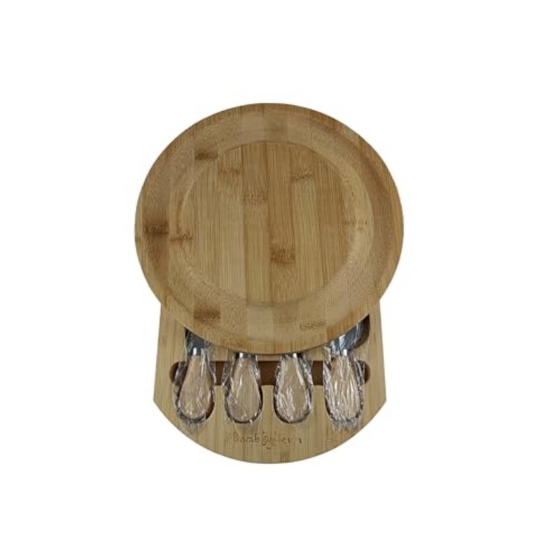 Round Bamboo cheese board with four knives set in magnet closed drawers - Image 3