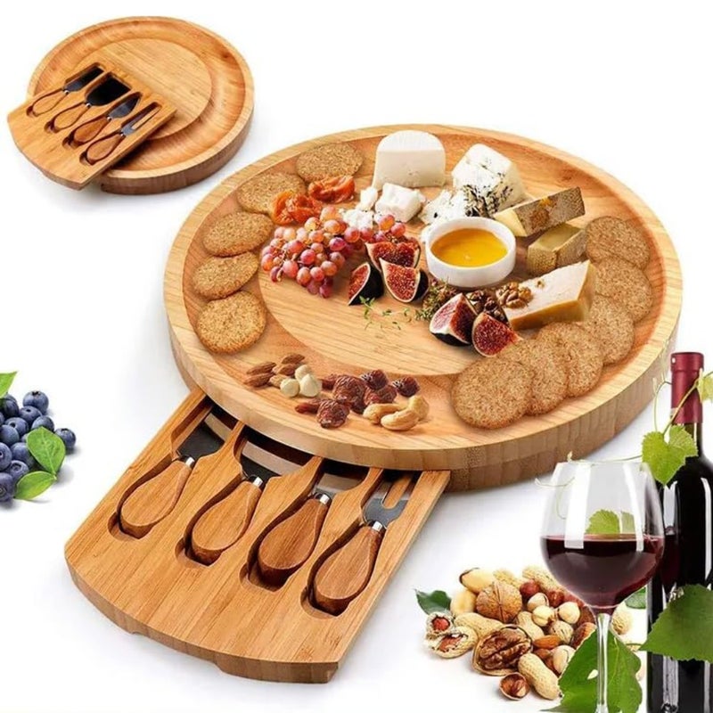Round Bamboo cheese board with four knives set in magnet closed drawers - Image 1