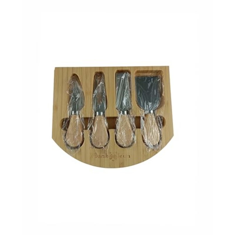 Round Bamboo cheese board with four knives set in magnet closed drawers - Image 4