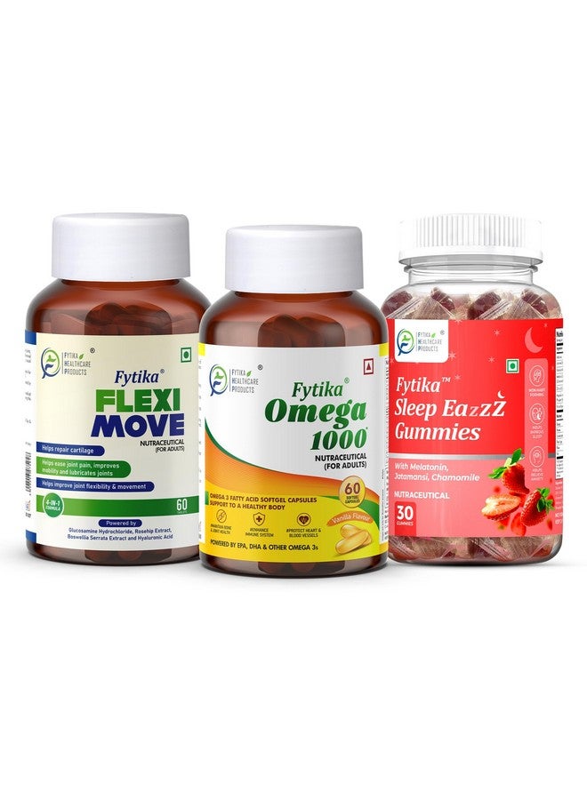 Fytika Flexi Move - 60 Tablets + Omega 1000-60 Capsules + Sleep Eazzz, Sleep Gummies - 30 Gummies, Combo (Pack of 3) - Image 1