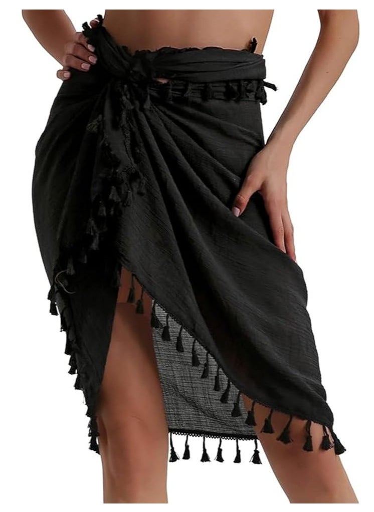 Beach Sarong Pareo Womens Semi-Sheer Swimwear Cover Ups Short Skirt with Tassels - Image 1