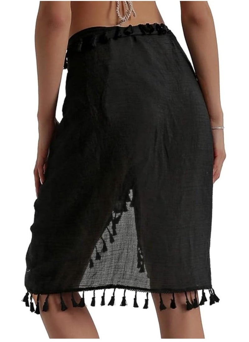 Beach Sarong Pareo Womens Semi-Sheer Swimwear Cover Ups Short Skirt with Tassels - Image 2