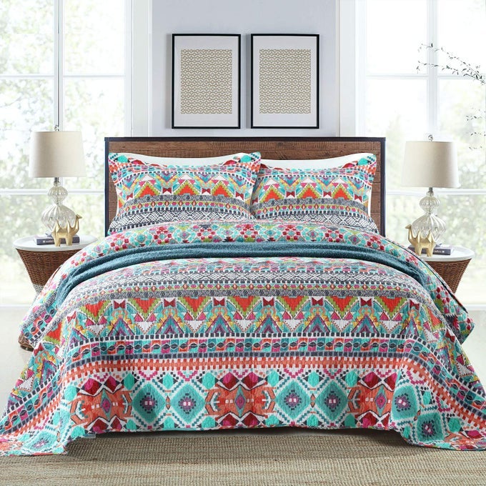 COTTON BEDSPREAD QUILT SETSREVERSIBLE PATCHWORK COVERLET SET BOUNDLESS UNIVERSE PATTERN TWIN SIZE