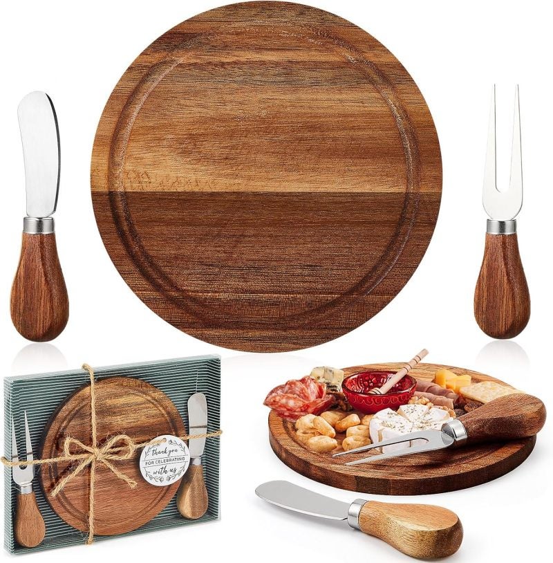 Round Cheese Board Set: 5.91 X 5.91 X 0.39 Inch Acacia Wood, Gift-Ready Packaging, Safe Durable Materials - Charcuterie Platter for Bachelorette Parties, Weddings, Home Entertaining & Hostess Gifts - Image 2