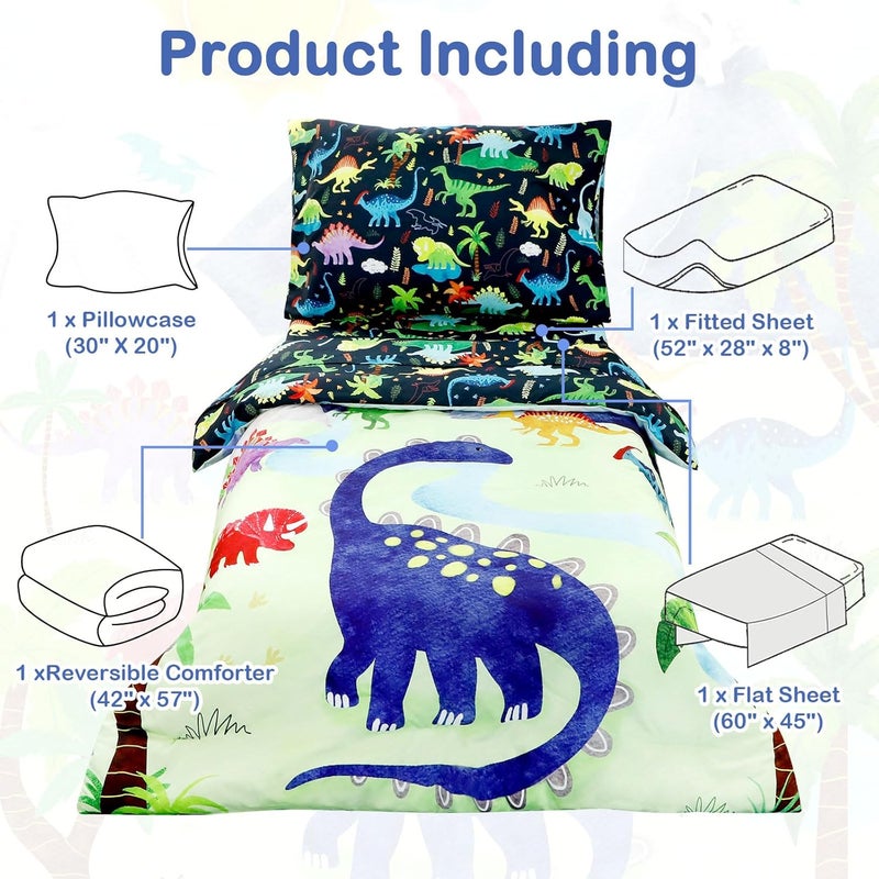 DAYEEBALL 4 Piece Toddler Bedding Set Ultra Soft and Breathable Cartoon Dinosaur Toddler Comforter Sets for Boys Includes Quilted Comforter Fitted Sheet Flat Sheet and Pillowcase - Image 4