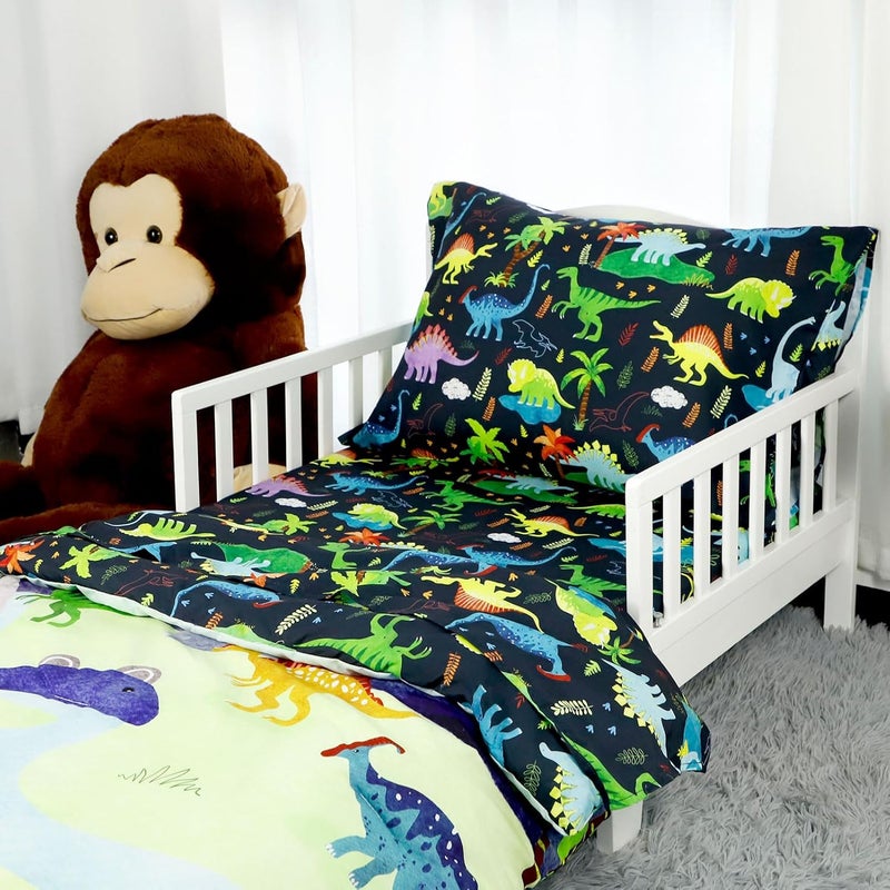 DAYEEBALL 4 Piece Toddler Bedding Set Ultra Soft and Breathable Cartoon Dinosaur Toddler Comforter Sets for Boys Includes Quilted Comforter Fitted Sheet Flat Sheet and Pillowcase - Image 2