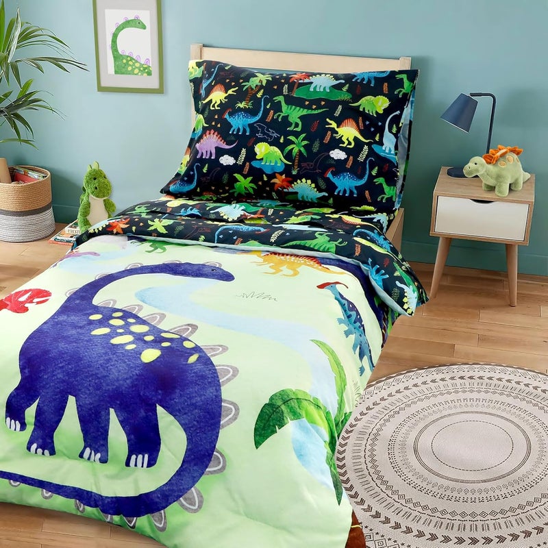 DAYEEBALL 4 Piece Toddler Bedding Set Ultra Soft and Breathable Cartoon Dinosaur Toddler Comforter Sets for Boys Includes Quilted Comforter Fitted Sheet Flat Sheet and Pillowcase - Image 5