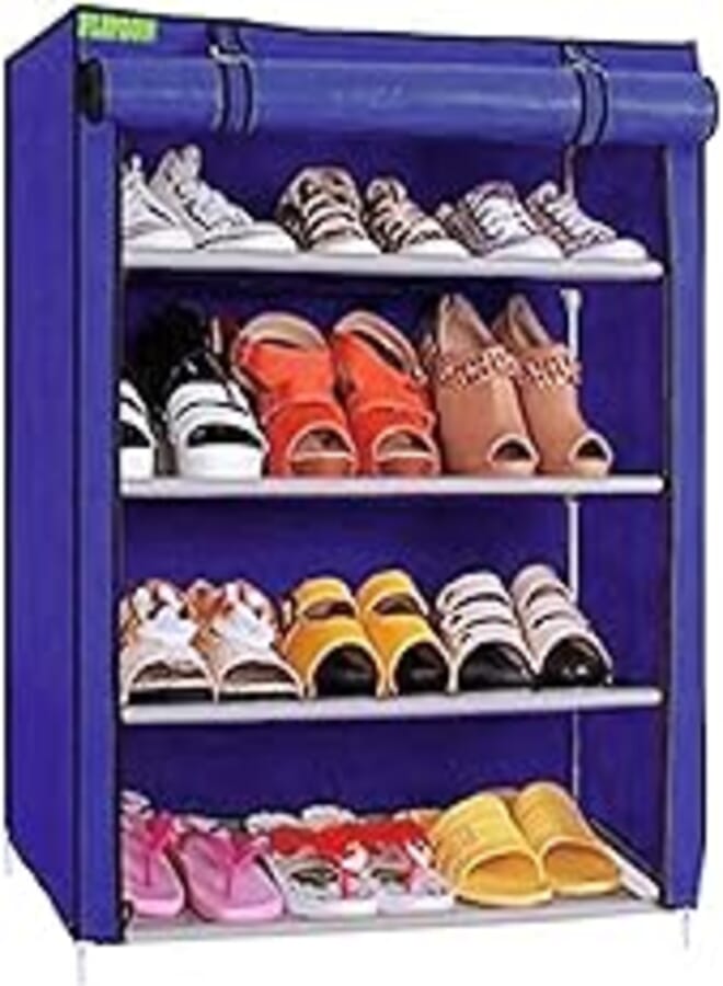 FLIPZON Multipurpose 4-Tiers Shoe Rack With Dustproof Zip Cover, Multiuse Wide Space Storage Rack Made By Non Woven Fabric For Footwear, Toys, Clothes (4 Shelves) (Blue)(Iron Pipes, Non Woven Fabric)