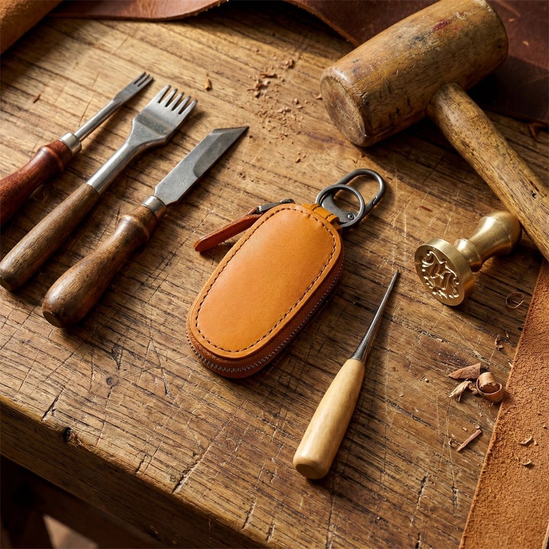 Handmade Vintage Leather Key Holder, Top Grain Vegetable Tanned, Multifunctional Small Wallet with Stitching Detail, Unisex Car Key Case for Daily Use - Image 2