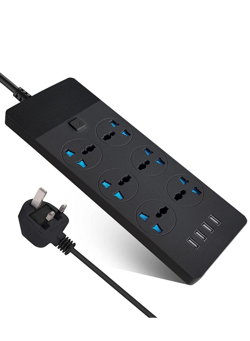 Goldfish TB-T12 سلك تمديد شرائط الطاقة 6 مقابس محول قابس عالمي مع 4 منافذ USB مقبس شحن حامي مع سلك تمديد جريء 2 متر (أسود) - Image 1