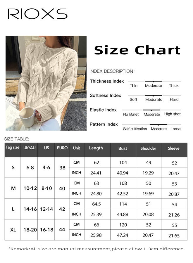 ريوكس سترة نسائية محبوكة مضلعة بأكمام طويلة، بلوفر خريفي فضفاض بياقة دائرية، كنزة كابل، ملابس شتوية أنيقة، ملابس كاجوال، لون مشمشي. - Image 5