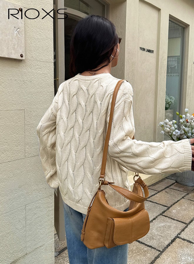 ريوكس سترة نسائية محبوكة مضلعة بأكمام طويلة، بلوفر خريفي فضفاض بياقة دائرية، كنزة كابل، ملابس شتوية أنيقة، ملابس كاجوال، لون مشمشي. - Image 4