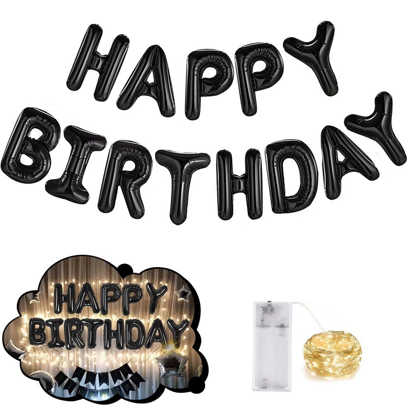 CANREVEL Happy Birthday Banner 13pcs 16 Inch Mylar Foil Letters Sign Balloons with LED Lights Birthday Party Decorations for Kids and Adults - 3D Black - Image 1