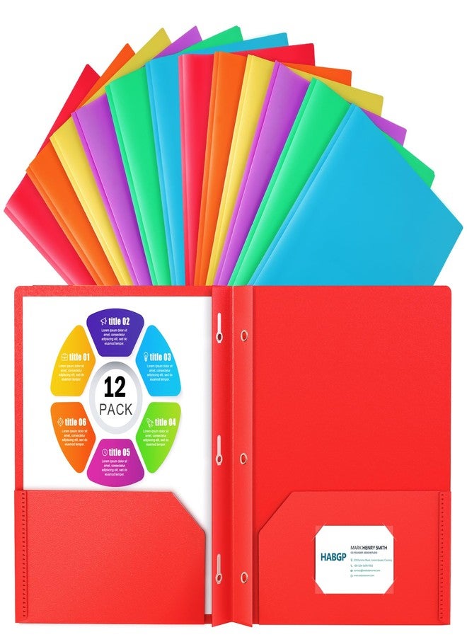 HABGP 12 Folders with Pockets and Prongs, 2 Pocket 3 Prong Folders with Business Card Holder, Plastic Heavy Duty File Folders for Documents Business Office School Supplies, 12 Pack 6 Bright Colors - Image 1