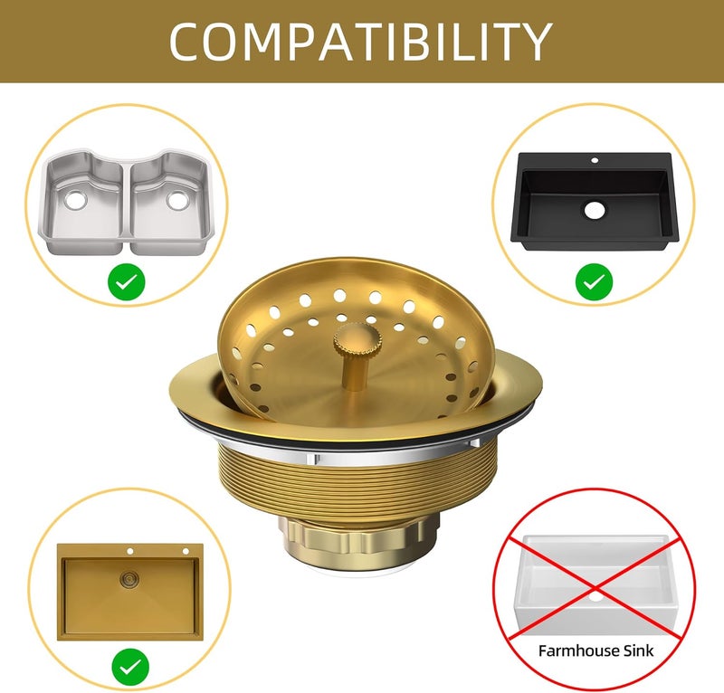 Exakey Kitchen Sink Drain Gold Sink Drain Strainer with Fixed Post 3-1/2 Inch Kitchen Drain Assembly with Strainer Basket and Drain Stopper for Standard Kitchen Sink Stainless Steel Brushed Gold - Image 2