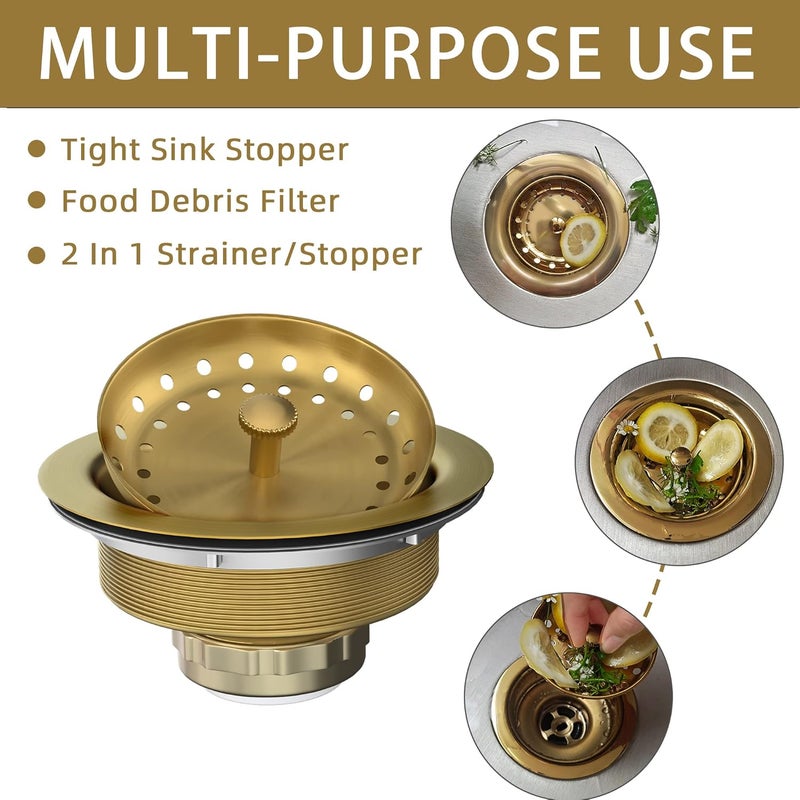 Exakey Kitchen Sink Drain Gold Sink Drain Strainer with Fixed Post 3-1/2 Inch Kitchen Drain Assembly with Strainer Basket and Drain Stopper for Standard Kitchen Sink Stainless Steel Brushed Gold - Image 3