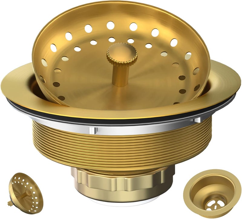 Exakey Kitchen Sink Drain Gold Sink Drain Strainer with Fixed Post 3-1/2 Inch Kitchen Drain Assembly with Strainer Basket and Drain Stopper for Standard Kitchen Sink Stainless Steel Brushed Gold - Image 1