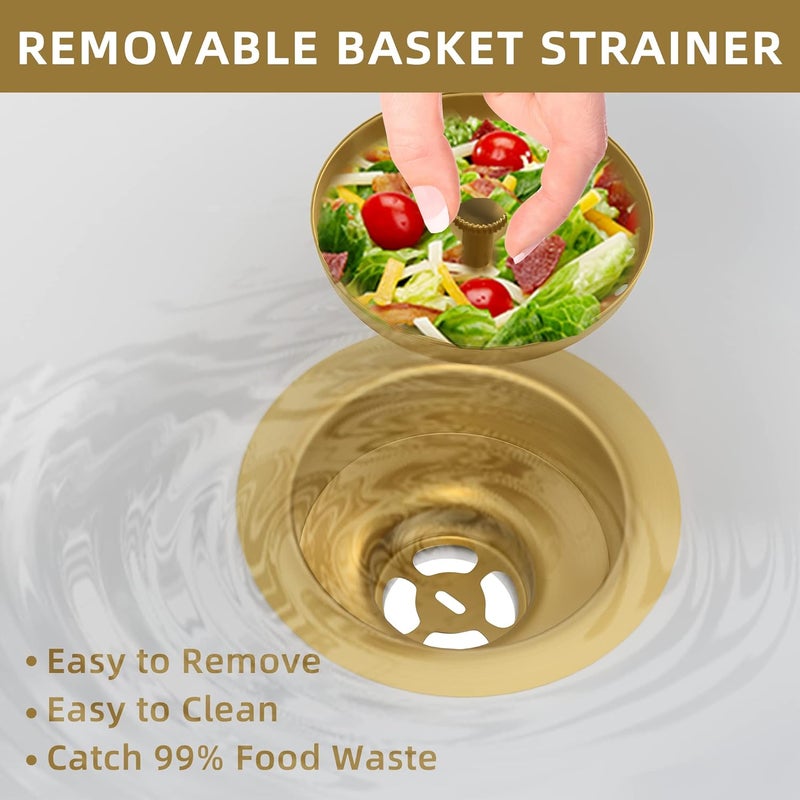 Exakey Kitchen Sink Drain Gold Sink Drain Strainer with Fixed Post 3-1/2 Inch Kitchen Drain Assembly with Strainer Basket and Drain Stopper for Standard Kitchen Sink Stainless Steel Brushed Gold - Image 4