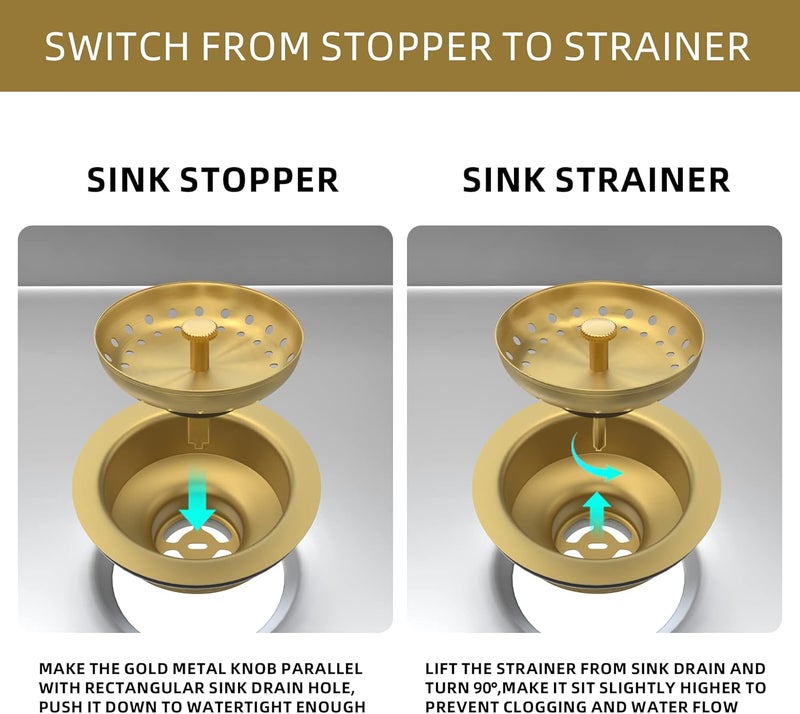 Exakey Kitchen Sink Drain Gold Sink Drain Strainer with Fixed Post 3-1/2 Inch Kitchen Drain Assembly with Strainer Basket and Drain Stopper for Standard Kitchen Sink Stainless Steel Brushed Gold - Image 5