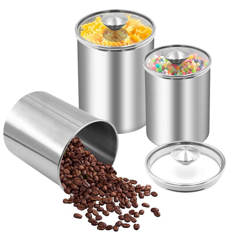 ENLOY Canister Sets for Kitchen Counter 3 Piece Stainless Steel Food Storage Container with Clear Glass Lids for Coffee Tea Organizers Sugar Canister Flour Canister Set of 3 886129 oz