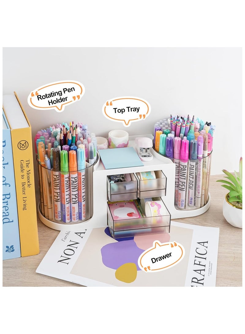 Hihonor Rotating Desk Organizer with 2 Pen Holder, Multi-Functional Pen Organizer for Desk with 3 Drawers, Pen Holder with 10 Slots Pencil for Office School Home - Image 2