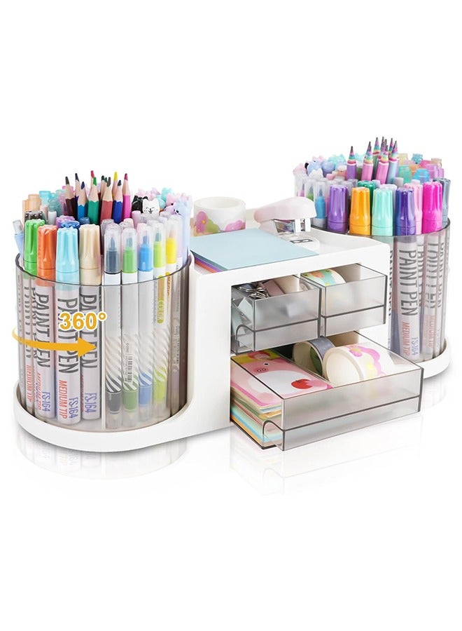 Hihonor Rotating Desk Organizer with 2 Pen Holder, Multi-Functional Pen Organizer for Desk with 3 Drawers, Pen Holder with 10 Slots Pencil for Office School Home - Image 1