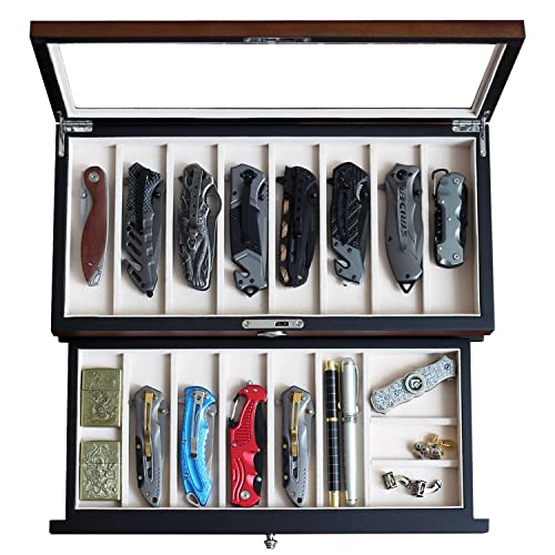 Besforu Pocket Knife Display Case for men collection holder 15-17 folding knife with Walnut Finish Two-Tier Knife organizer storage box with Real Glass Window Top (walnut veneer with draw) - Image 1