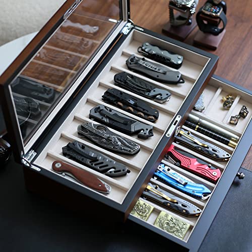 Besforu Pocket Knife Display Case for men collection holder 15-17 folding knife with Walnut Finish Two-Tier Knife organizer storage box with Real Glass Window Top (walnut veneer with draw) - Image 4