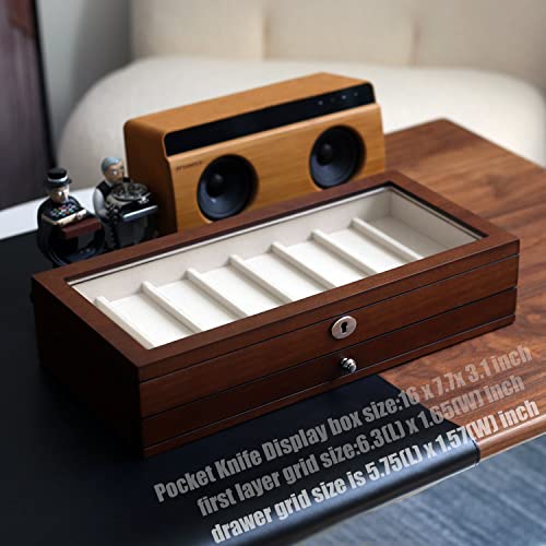 Besforu Pocket Knife Display Case for men collection holder 15-17 folding knife with Walnut Finish Two-Tier Knife organizer storage box with Real Glass Window Top (walnut veneer with draw) - Image 5