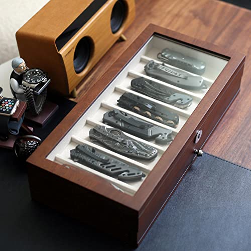 Besforu Pocket Knife Display Case for men collection holder 15-17 folding knife with Walnut Finish Two-Tier Knife organizer storage box with Real Glass Window Top (walnut veneer with draw) - Image 3