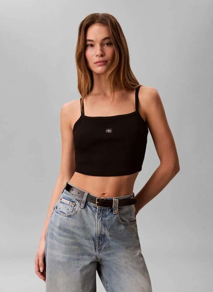 Calvin Klein Jeans Black Casual Woven Label 2X2 Baby Rib Crop Top for Women | Best Price UAE