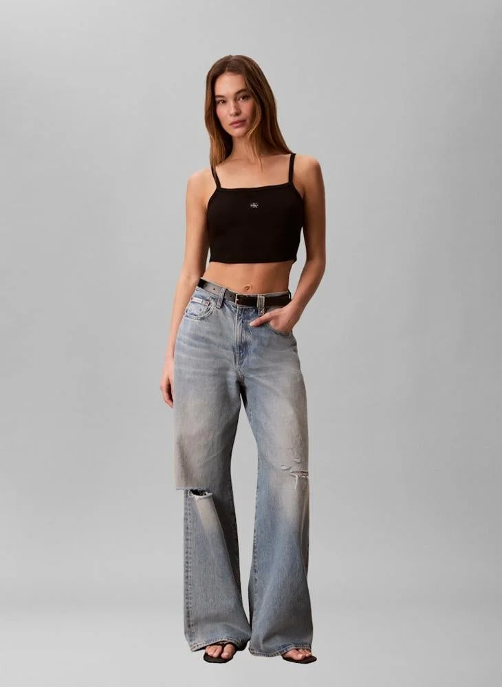 Calvin Klein Jeans Black Casual Woven Label 2X2 Baby Rib Crop Top for Women | Best Price UAE