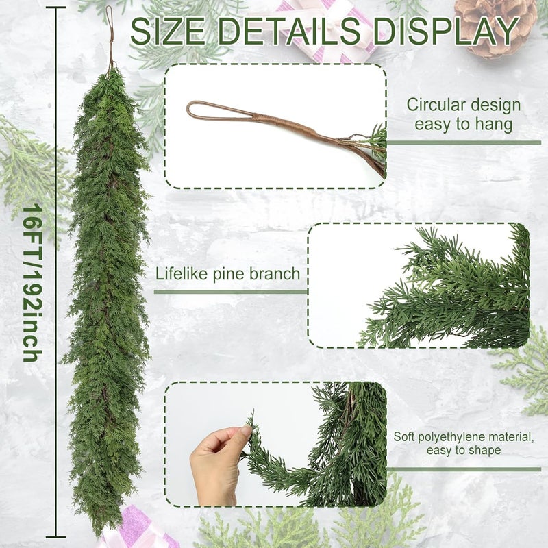 Artgar 16 Ft Christmas Cedar Garland - Realistic Greenery Cypress Garlands - Real Touch Artificial Pine Garland Christmas Decorations for Outdoor Home Dining Table Mantel Stair Porch Winter Xmas Decor - Image 2