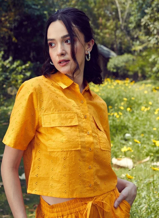 ساسافراس Mustard Yellow Schiffli Cotton Crop Shirt & Wide Leg Trousers