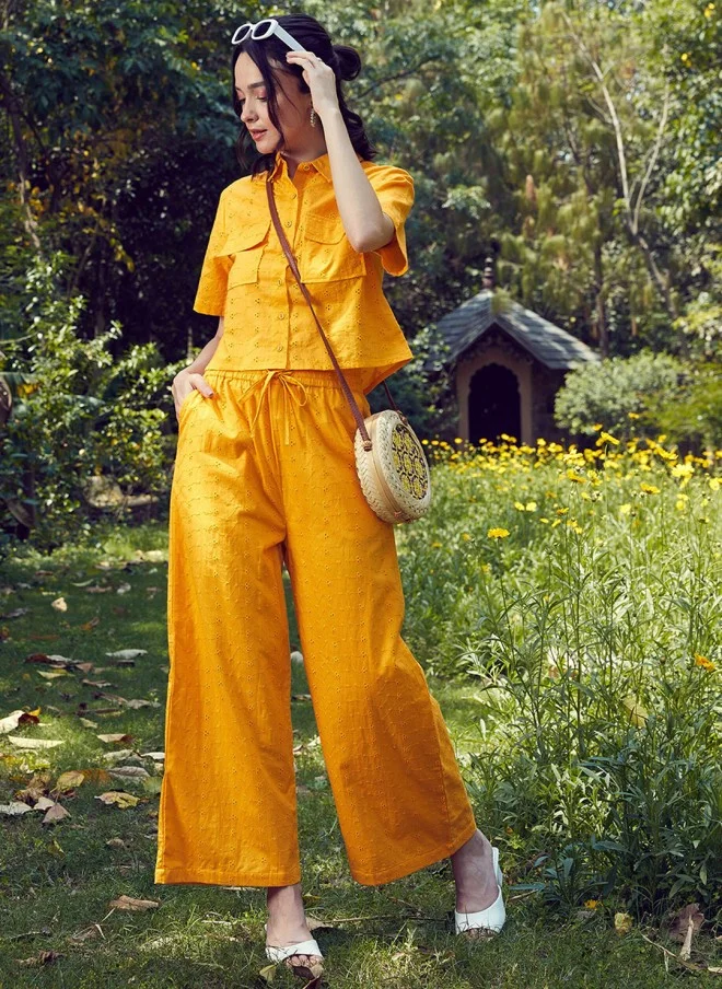 ساسافراس Mustard Yellow Schiffli Cotton Crop Shirt & Wide Leg Trousers