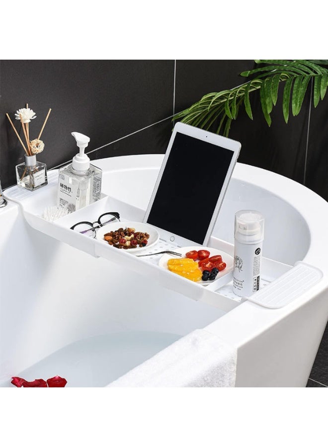 صينية رف حوض استحمام قابلة للتوسيع، صينية حوض استحمام بلاستيكية متعددة الوظائف، منظم حمام بسيط وأنيق، رف تخزين حوض استحمام للشموع والمناشف والكتب والنبيذ والهاتف والدش (أبيض) - Image 1